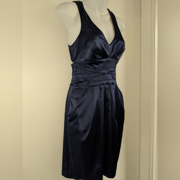 Blue satin cocktail mini dress criss cross low back with pockets - Picture 7 of 8